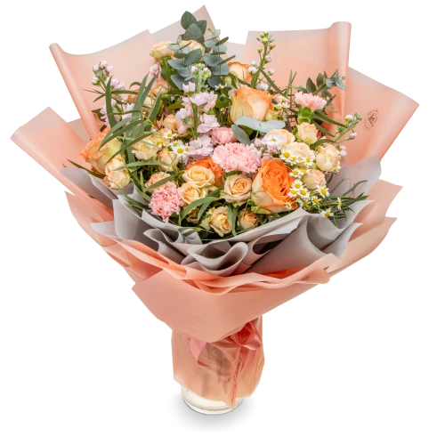 Bouquet of roses, carnations and matthiolas